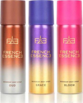 FRENCH ESSENCE Deodorant Body Spray, Long Lasting Unisex Perfume (Pack of 3- Bloom, Oud, Grace)