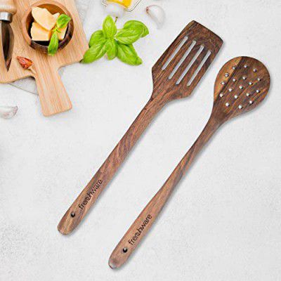 Frenchware Pure Sheesham Wood Spoons and Spatula for Non Stick Cookware Used for Cooking, Baking & Mixing, Seamless Design (Set of 2, Brown)