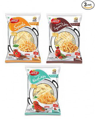 Frylo Premium Potato Spirals, Square Tubes and Wavy Chips Potato Snacks, Ready to Fry- Pack of 3 (225 Grams) with Dehydrated Potato, Sedha Namak, Ideal for Fasting, Dieting and Low Calories