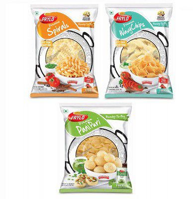 Frylo Ready-to-Fry Combo (Frylo Multigrain Panipuri 275gms with Paste, Premium Wavy Chips 225gms and Premium Spiral 225gms with Testmaker) (Pack of 3)