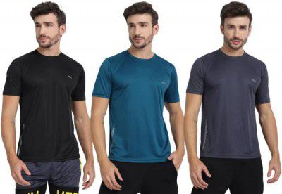 FTX Solid Men Round Neck Black, Dark Blue, Grey T-Shirt  (Pack of 3)