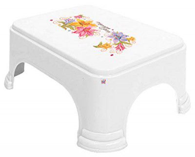 Fun Homes Floral Print Plastic Bathroom Stool, White, pack of 1