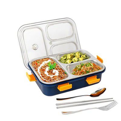 FUNVERSE Lunch Box for Adults - Lunch Box for Kids - with Spoon & Fork - Stainless Steel Lunch Box with 3 Compartment - Durable Perfect Size for On-The-Go Meal, BPA-Free (Blue)(3 Compartment)(750ml)