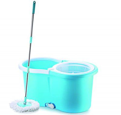 Ganesh Rapid Plastic Spin Mop with Bucket,Mopping Set (Blue, Set of 2 Microfiber Refills)