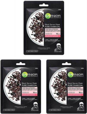 GARNIER Black Rice Pure Charcoal Black Serum Mask, Face Serum Sheet Mask for Women, 28g - Pack of 3  (84 g)