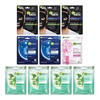 Garnier Face sheet Masks For Men and Women, 10pcs | Hydrating Sheet Masks | Green Tea, Sakura, Deep Sea Water, Hyaluronic Acid and Charcoal Face Masks Combo Gift Pack (Pack of 10 Sheet Mask)