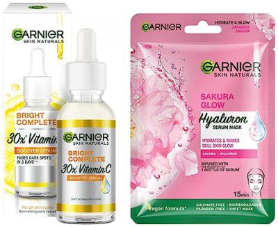 Garnier Skin Naturals, Sakura White, Face Serum Sheet Mask (Pink), 32g and Garnier Light Complete VITAMIN C Booster Face Serum 30 ml