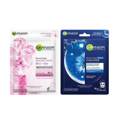 Garnier Skin Naturals Serum Sheet Mask (1 Sakura White Water Glow Serum + Night Serum Sheet Mask With Deep Sea Water), 56 g (Pack of 2)