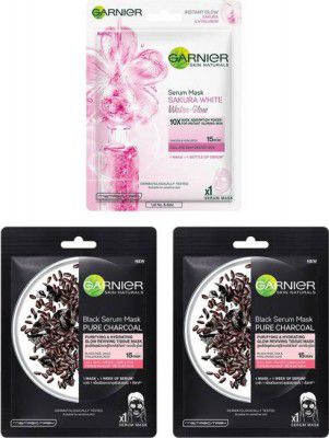 GARNIER Skin Naturals Serum Sheet Masks ( 2 Black Rice Pure Charcoal Serum Mask + 1 Sakura White Water Glow Serum Mask), 84g (Pack of 3)  (84 g)