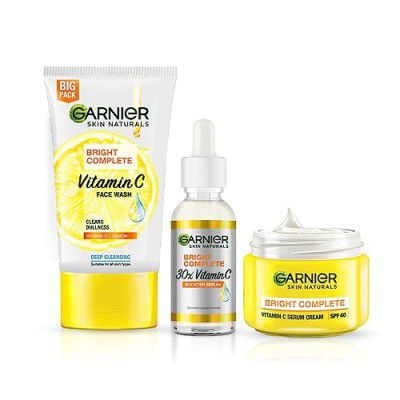 Garnier Vitamin C Regime Pack (Bright Complete Brightening Facewash 150g, Bright Complete Vitamin C Serum 30ml, Bright Complete Serum Cream SPF 40 45g)