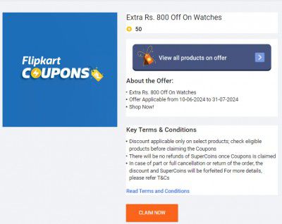 Flipkart :  Get extra Rs.800 in exchange of 50 supercoins.