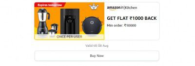 Get Flat ₹1000 Cashback on minimum order ₹10,000 on Home and Kitchen Appliances.