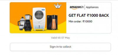 Get Flat ₹1000 Cashback on minimum order ₹10,000 on Home and Kitchen Appliances.