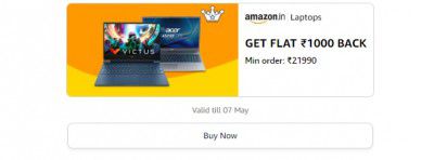 Get Flat ₹1000 Cashback on minimum order ₹21,990 on Laptops