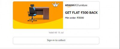 Get flat ₹300 back on minimum order value ₹3000 on Furniture