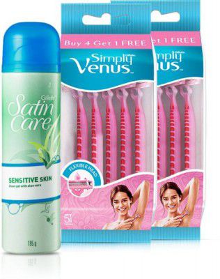 Gillette Venus bundle 2 Simply Venus B4G1 packs (10 razors) + 1 Satin Care Sensitive Skin Gel  (Pack of 10)