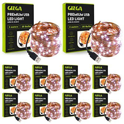 GIZGA Essentials Copper LED Fairy String Lights with USB, High Brightness, Low Power Consumption, Indoor Outdoor Decoration, Diwali Light, Christmas Decor, Party Light, 3 Meter, White, Pack of 10