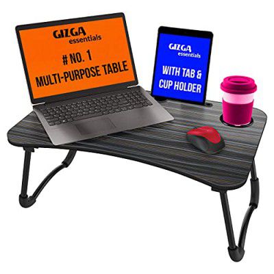 Gizga Essentials Foldable Laptop and Study Table for Student and Kids with Cup, Tablet and Mac Holder |Office Table | Bed Table| Breakfast Table, Portable/Ergonomic & Round Edges/Non-Slip Legs, Black