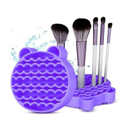 Gleva Portable Washing Tool Cosmetic Brush Cleaner & Brush Holder Hand Washing Silicone Makeup Cleaning Brush Scrubber Mat (Purple 2 in 1)