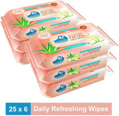 GLIDER Facial Wipes Enriched with Aloe Vera,Cucumber & Vitamin E |Pack of 6 | 150 Wipes 