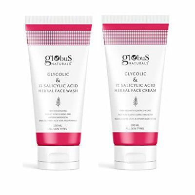 Globus Naturals Glycolic & 1% Salicylic Acid Anti-Acne Face care Combo - Set of 2 Face wash & Face Cream