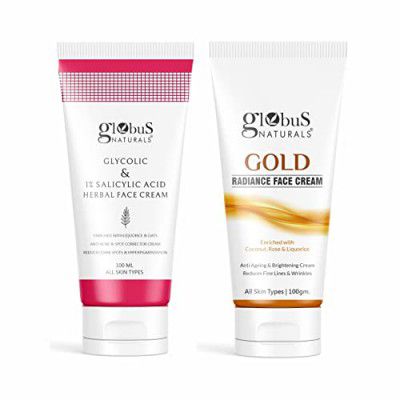 Globus Naturals Glycolic & 1% Salicylic Acid Anti-Acne & Gold Radiance Brightening Face Cream Combo - Set of 2