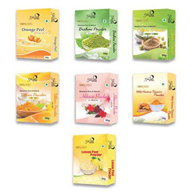 glowious Combo Pack of 7 (Orange Peel, Kasturi Turmeric, Lemon Peel, Amla, Hibiscus, Ubtan & Brahmi Powder) 350gms (50gX7)