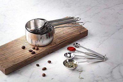 GLUN Stainless Steel Measuring Cup & Spoon Combo, 4 Cups & 4 Spoons Set| Silver Finish