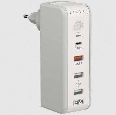 GM Cuba 18W Type A & Type C 4-Port Fast Charger (Adapter Only, 180 Degree Plug Rotation, White)