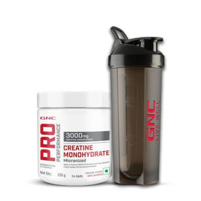 GNC Creatine Monohydrate (250gms) With Black Shaker (750ml) | Boosts Athletic Performance | Fuels Skeletal Muscles | Supports Intense Workout | Promotes Cellular Hydration | BPA-Free Plastic Shaker| F