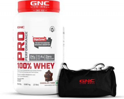 GNC Pro Performance 100% Whey Protein Powder (2lbs) & Gym Bag Combo Whey Protein  (2 pounds, Chocolate Fudge)