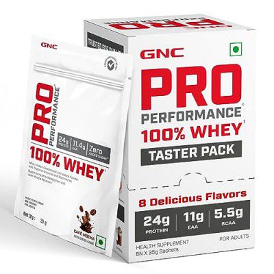 GNC Pro Performance 100% Whey Taster Pack | 8 Flavours x 35g Single-Serve Sachets | Muscle Growth & Recovery | Mango | Vanilla | Chocolate Flavors | Café Mocha | Kulfi | Strawberry | Kesar Pista