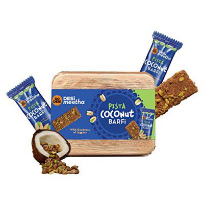 GO DESi - DESi Meetha Pista Coconut Barfi | 300 grams | Indian Sweets Diwali Gift Pack | 25 Individually Wrapped Barfis | Dry Fruits Sweet | Pistachio nuts bar | Sweets Indian Mithai