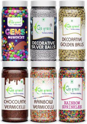 GO GRASS Combo of Vermicelli |Golden + Silver Balls| Gems + Rainbow Balls / 80G EACH Sprinkles  (480 g, Pack of 6)