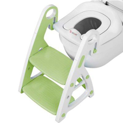 GOCART WITH G LOGO Baby Toilet Seat 2 in 1 with Step Stool, Triangle Stand, Children's PU Padded Toilet Seat with Stairs (GREEN)