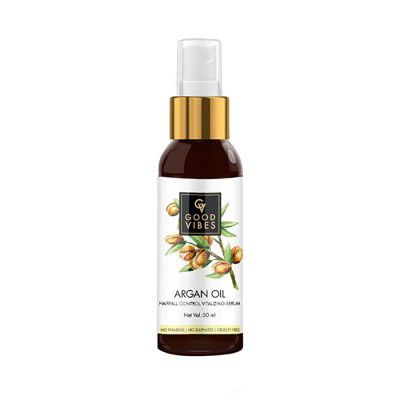 Good Vibes Argan Oil Hairfall Control Vitalizing Serum 50 ml Frizz Control Shine Softening & Strengthening For All Hair Types No Parabens No Sulphates No Animal Testing