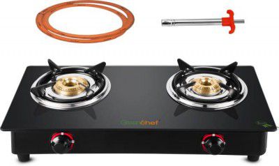 Greenchef Ebony Pro 2BR ( Hose Pipe + Lighter ) Glass Manual Gas Stove  (2 Burners)