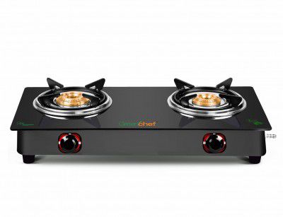 GREENCHEF Elon Glass cook top 2 Burner Gas stove,Black Body (Manual Ignition)