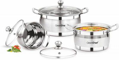 Greenchef Stainless steel Cook and serve 3 piece Gift set Induction Bottom Cookware Set  (Stainless Steel, 3 - Piece)