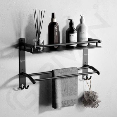 GRIVAN Multipurpose Stainless Steel Bathroom Shelf Racks Stand Holder with Dual Towel Bar for Bathroom Accessories and Fittings (Black Matte)