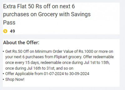 Grocery with Savings Pass | Extra Flat 50 Rs off on next 6 purchases, against 49 Supercoins