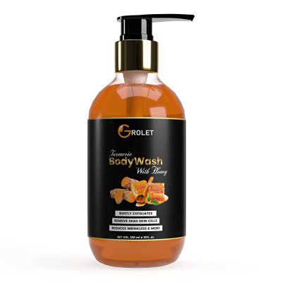 Grolet Turmeric Natural De Tan Body Wash with Honey Relax Glowing Skin Refresh Shower Gel for Men & Women – 300 Ml | No Sulphate, Parabens, Silicones