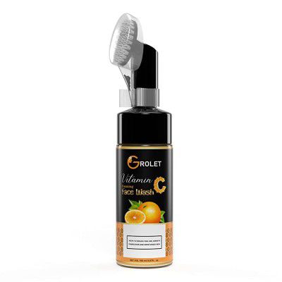 Grolet Vitamin C Foaming Face Wash with Built-In Face Brush for Deep Cleansing Radiance Boosting Skin Glow | No Parabens, Sulphate, Silicones | 150 ml