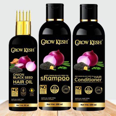 Growkesh Red Onion Black Seed Oil Hair Care Kit (Shampoo+Conditioner+Hair Oil)  (3 Items in the set)