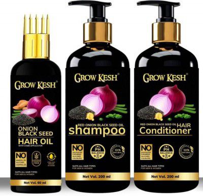 Growkesh Red Onion Black Seed Oil Ultimate Hair Care Kit (Shampoo + Hair Conditioner + Hair Oil)  (3 Items in the set)