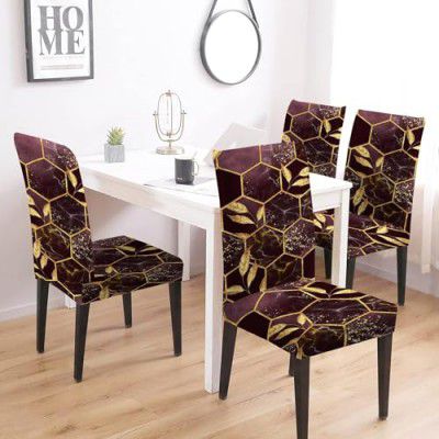 Gurnoor Polyester Blend Stretchable Hexagon Printed Dining Chair Covers (Set of 4, Brown, Standard)