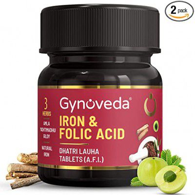 Gynoveda Iron Folic Acid Supplement | Ayurvedic Blood Builder for Hemoglobin lost in Periods | Rich in Calcium, B9, B12, Vitamin C from Amla | Helps in Anemia, Pregnancy | 2 Bottle, 120 Tablets