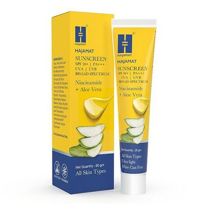 Hajamat Sunscreen SPF 50 PA+++ for face & body | Broad Spectrum - UVA, UVB & Blue Light Protection | Ultra Light, No White Cast, Water & Sweat Resistant | Women & Men | All Skin Types (20 gm)