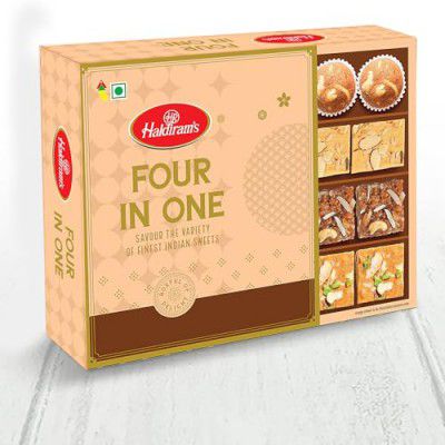 Haldirams Four in One 450g, Savour The Variety of Indian Sweets (Contains Dodha Burfi, Patisa, Besan Burfi & Panjeeri Ladoo)