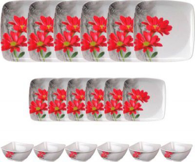 Hamlay Pack of 18 Melamin Red Marigold 18 pcs Dinner Set (Red, White, Multicolor)